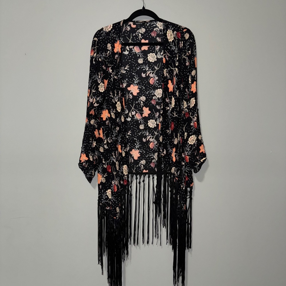 Torrid Womens Floral Polka Dot Fringe Kimono Black Orange Boho Plus Size 1 XL